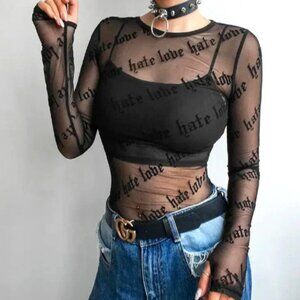 Mesh Hate Love Sheer Long Sleeve Top See Through Womens Large NWOT
